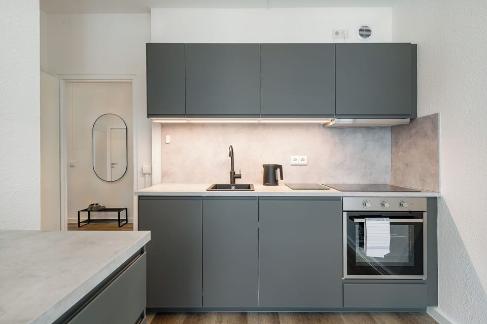Full-size fridge, oven, stovetop, dishwasher