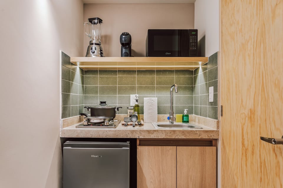 Basic Apartment | Private kitchen | Mini-fridge, microwave, stovetop, cookware/dishes/utensils