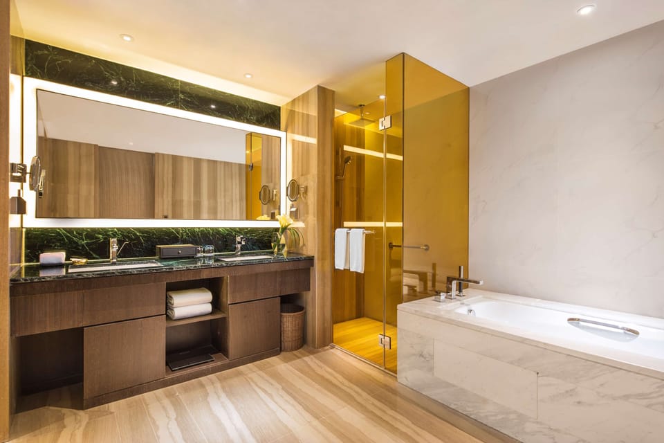 Shower, eco-friendly toiletries, hair dryer, towels