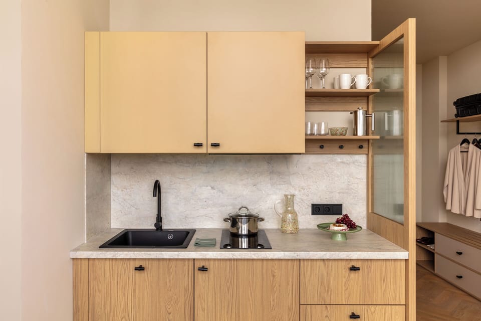 Superior Apartment | Private kitchen | Coffee/tea maker, full-size fridge, stovetop, cookware/dishes/utensils
