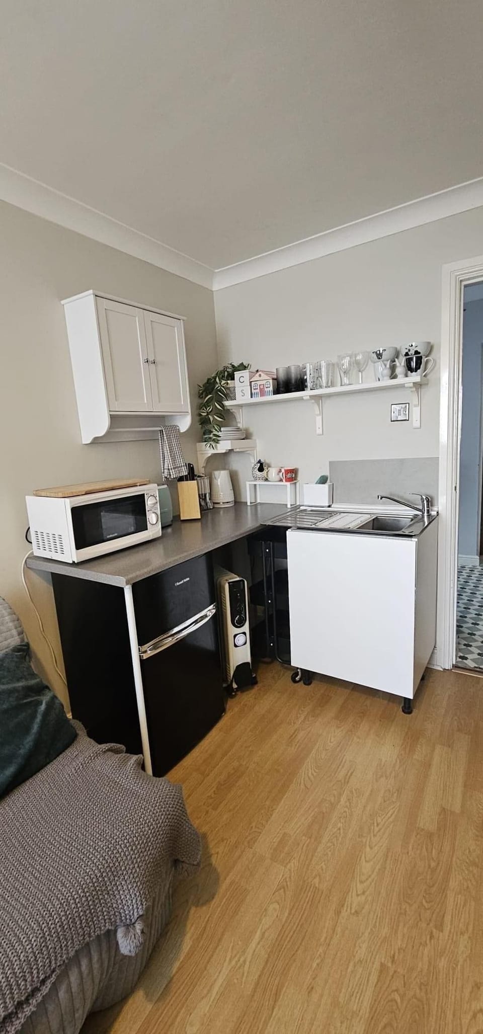 Fridge, microwave, electric kettle, toaster