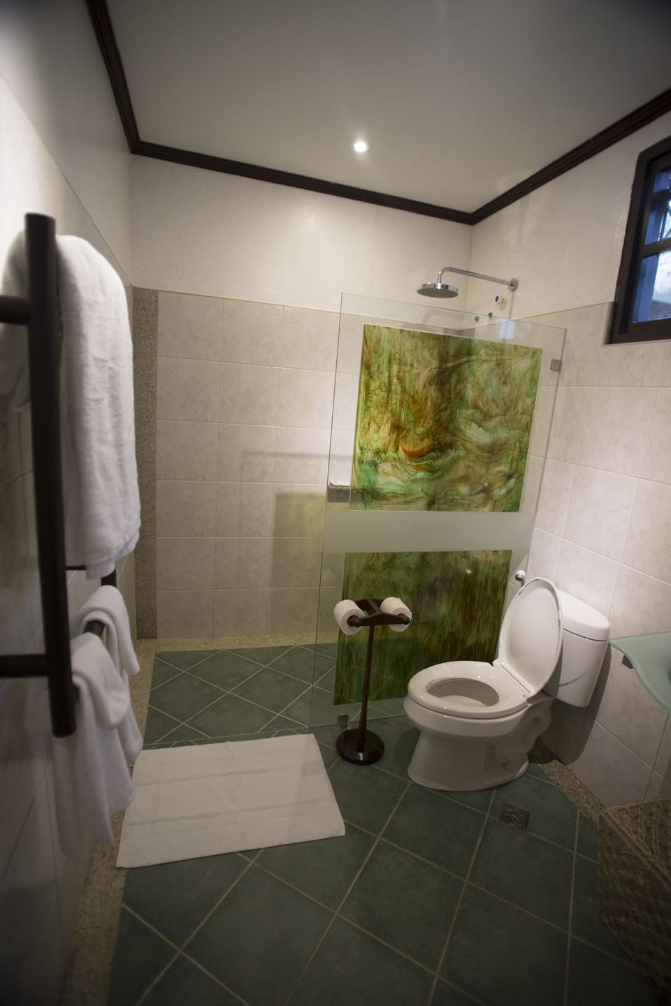 Shower, rainfall showerhead, free toiletries, hair dryer