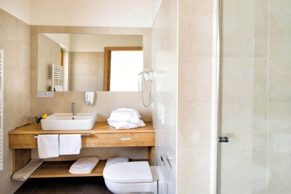 Shower, eco-friendly toiletries, hair dryer, bathrobes