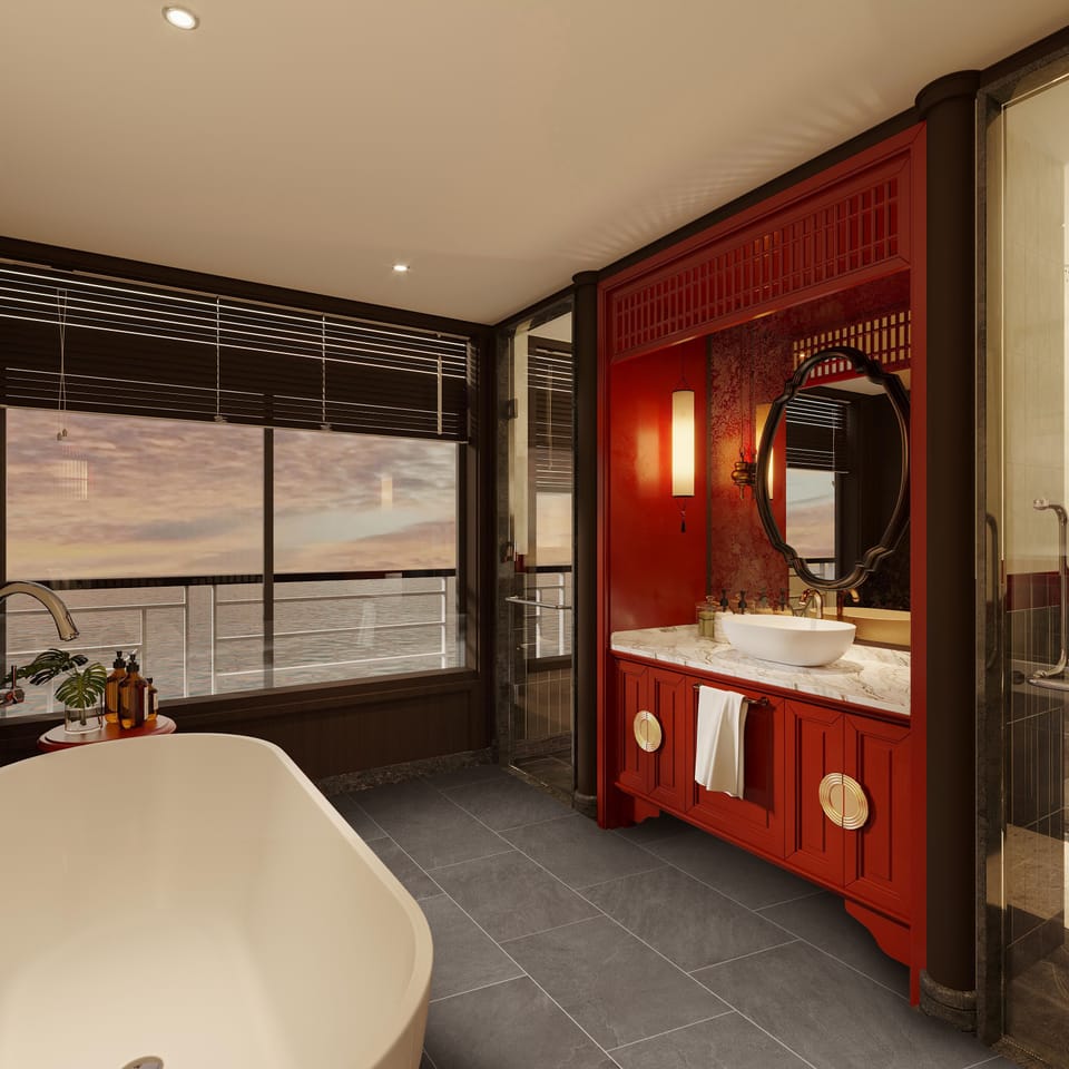Separate tub and shower, hair dryer, slippers, towels