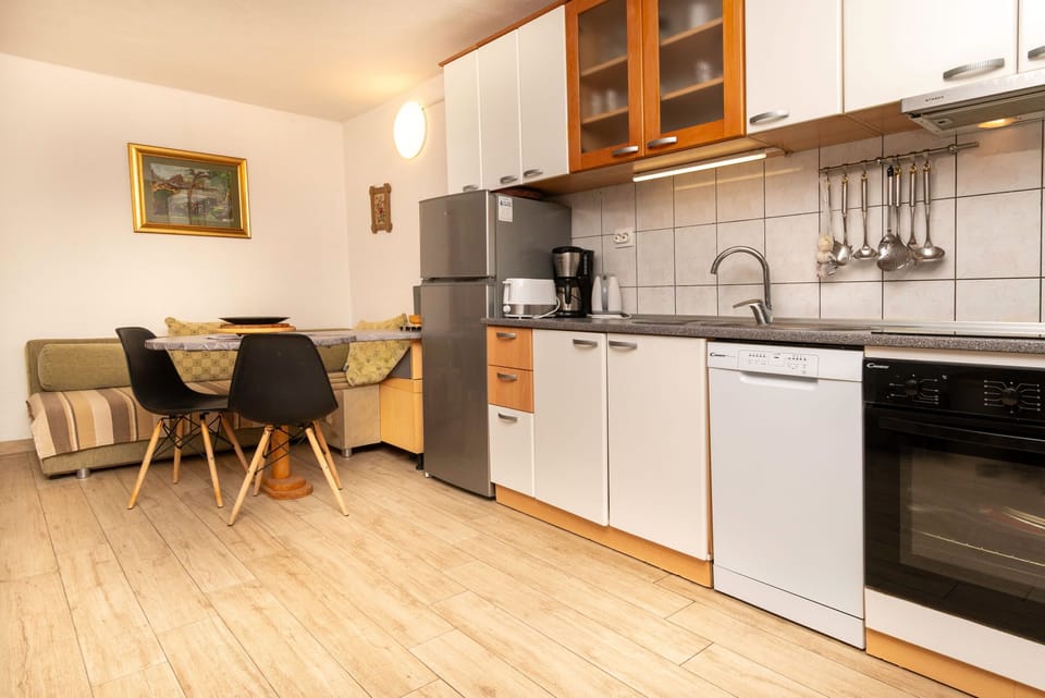 Apartment (A1) | Private kitchen | Fridge, microwave, oven, stovetop