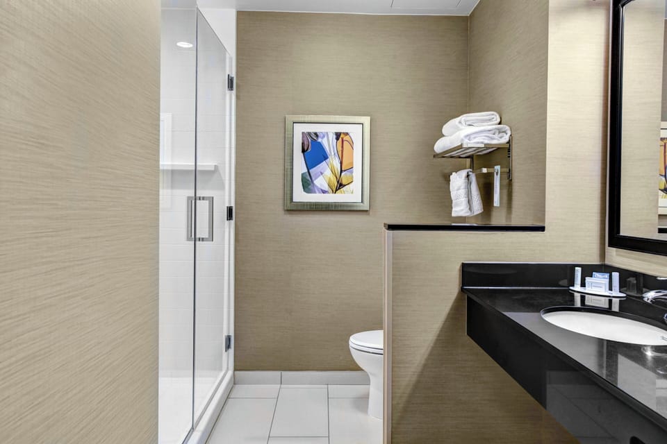 Shower, free toiletries, hair dryer, towels