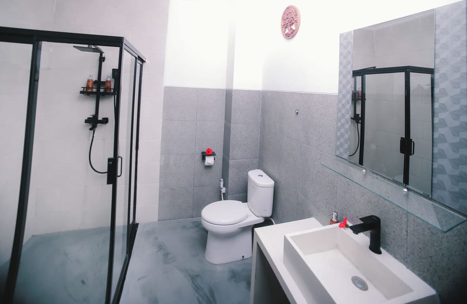 Combined shower/tub, free toiletries, hair dryer, towels