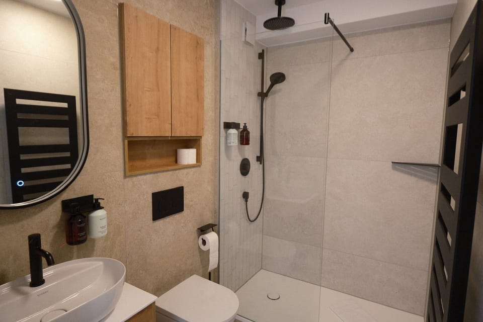 Hair dryer, towels, soap, shampoo