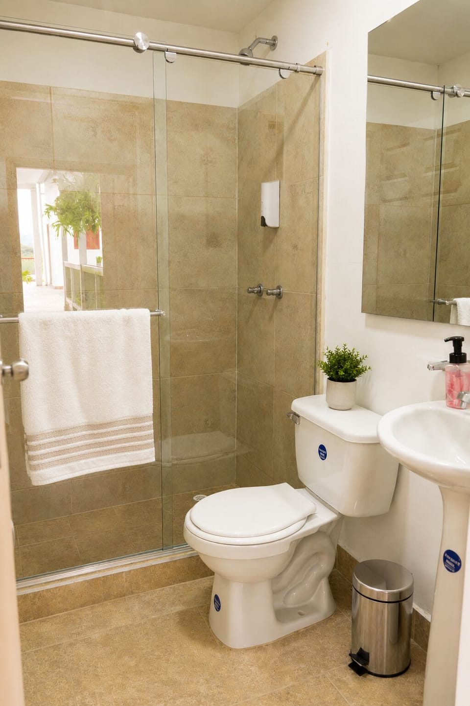 Shower, towels, soap, shampoo