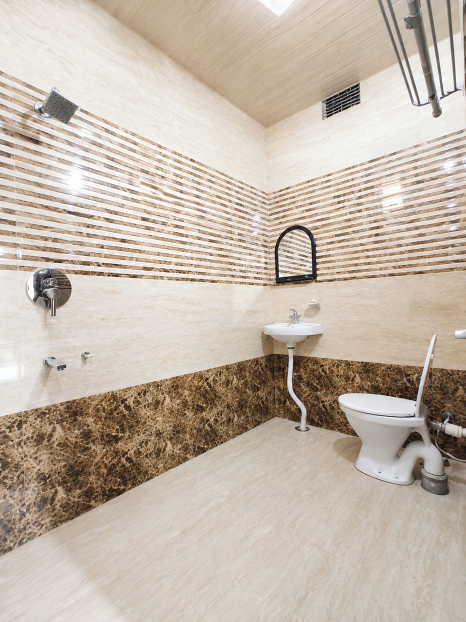 Shower, rainfall showerhead, slippers, towels