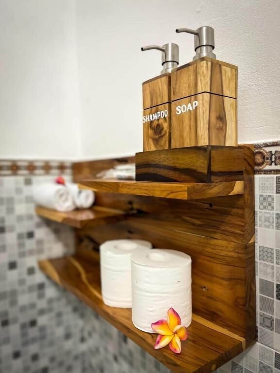 Shower, free toiletries, towels, soap