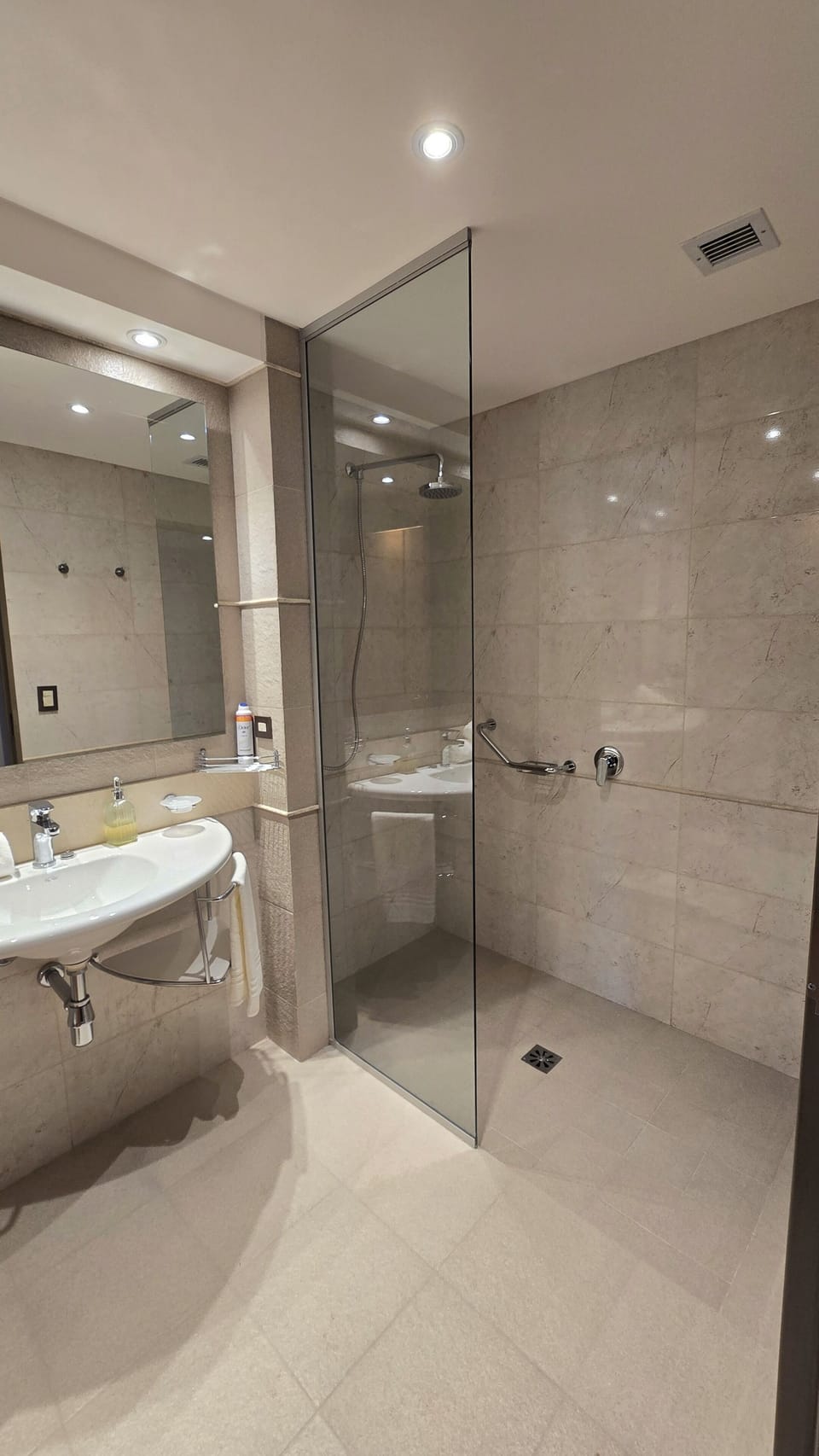 Hair dryer, towels, soap, shampoo