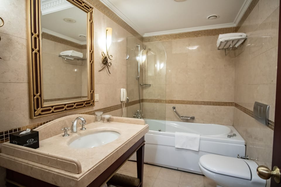 Combined shower/tub, jetted tub, free toiletries, hair dryer