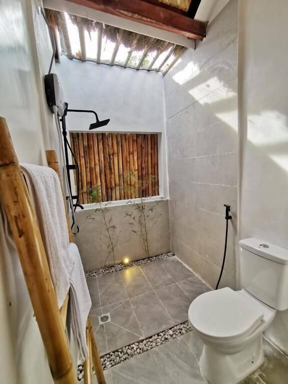 Shower, hair dryer, bidet, towels