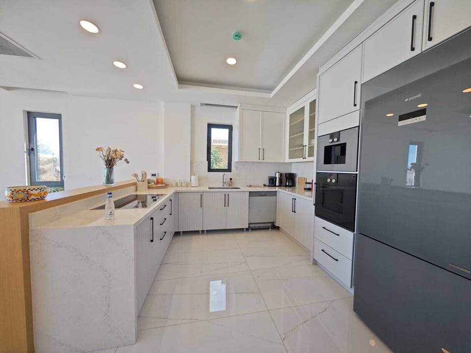 Full-size fridge, oven, stovetop, dishwasher
