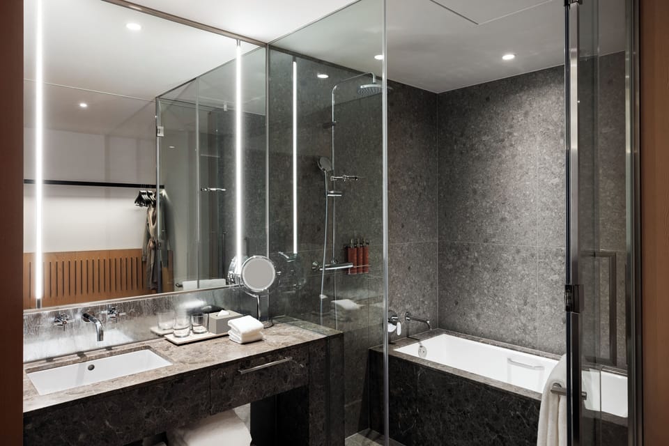 Separate tub and shower, rainfall showerhead, hair dryer, bathrobes