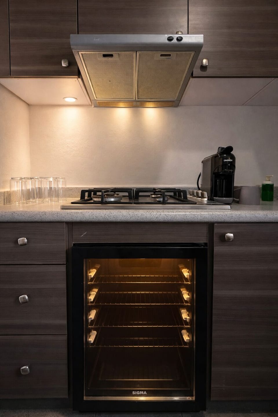 Mini-fridge, microwave, stovetop, espresso maker