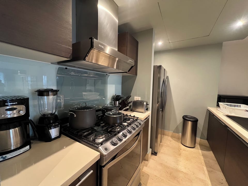 Panoramic Apartment, Balcony, Ocean View | Private kitchen | Coffee/tea maker, full-size fridge, microwave, oven