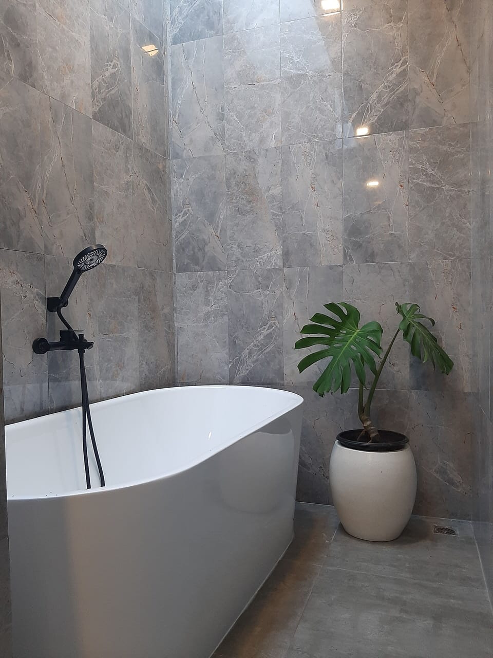 Separate tub and shower, free toiletries, towels, soap