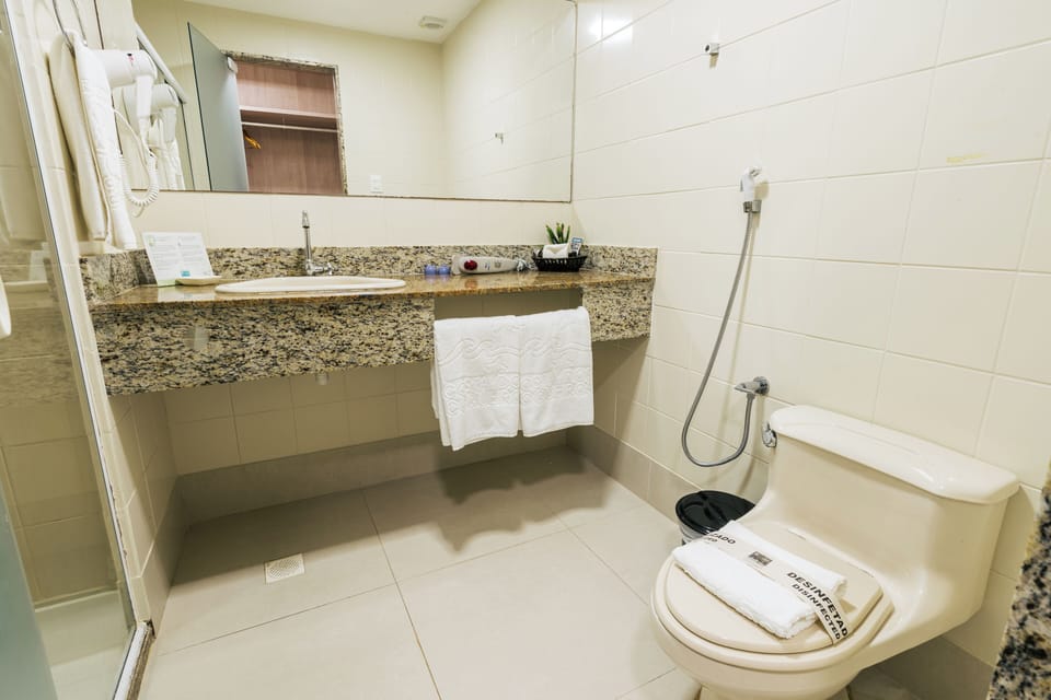 Shower, free toiletries, hair dryer, towels