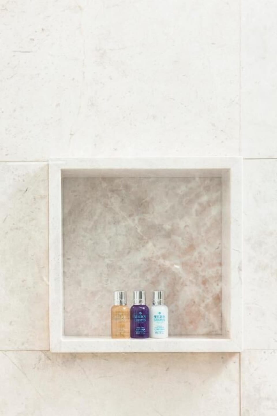 Shower, rainfall showerhead, designer toiletries, hair dryer