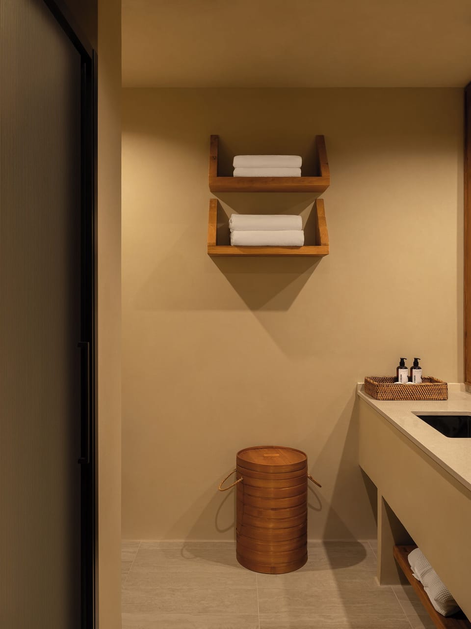Shower, hair dryer, slippers, towels