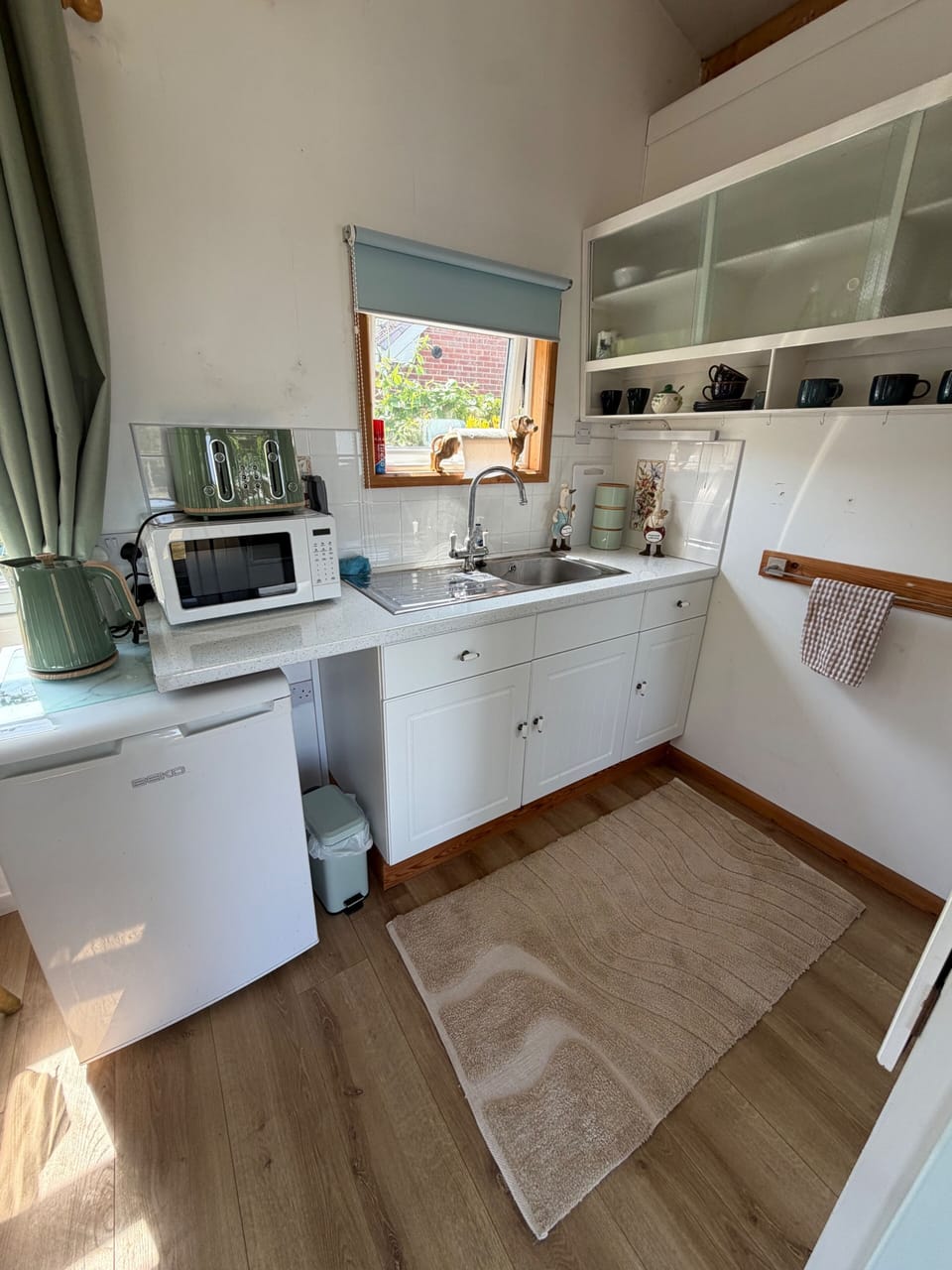 Fridge, microwave, electric kettle, toaster