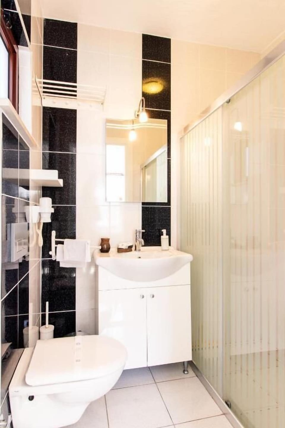 Shower, rainfall showerhead, hair dryer, slippers