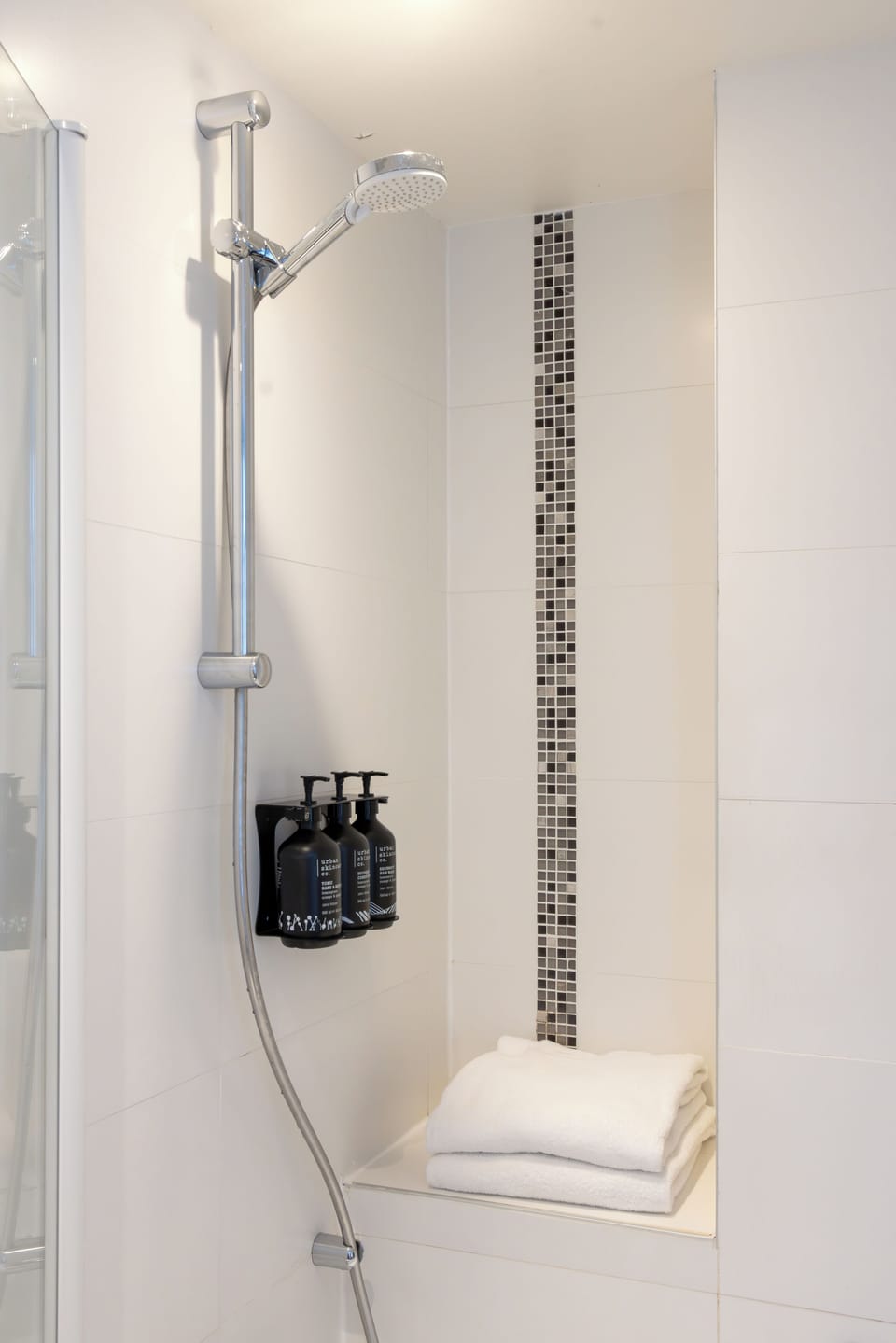 Hair dryer, towels, soap, shampoo