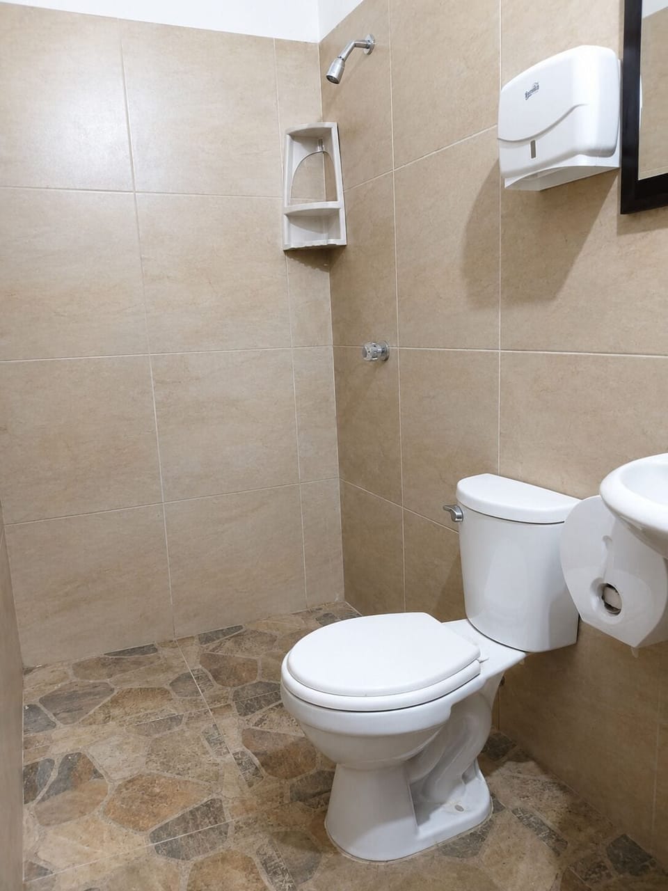 Shower, towels, soap, toilet paper