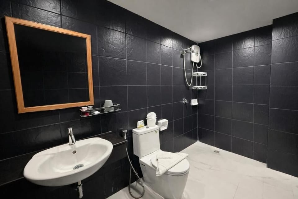 Shower, free toiletries, hair dryer, towels