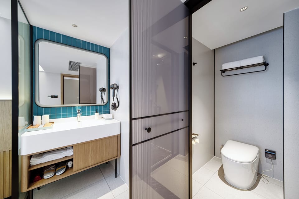 Business Double Room, 1 King Bed, Ensuite, City View | Bathroom | Designer toiletries, hair dryer, shampoo, toilet paper