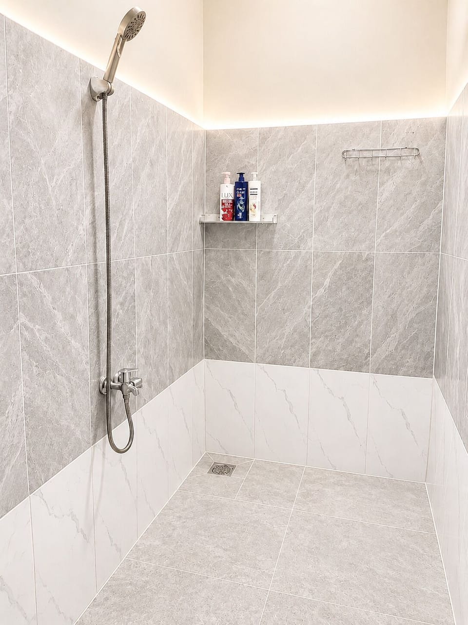 Shower, free toiletries, towels, soap
