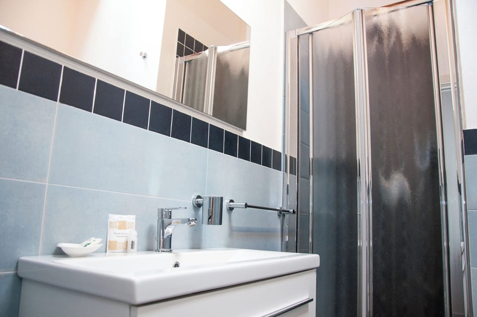 Shower, hair dryer, towels, toilet paper