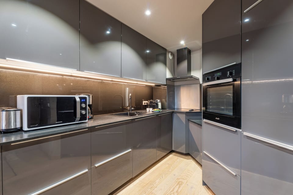 Deluxe Apartment, Balcony, Mountain View | Private kitchen | Fridge, microwave, oven, stovetop