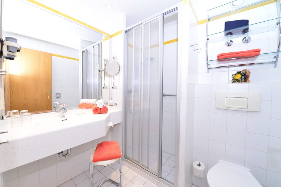 Shower, hair dryer, towels