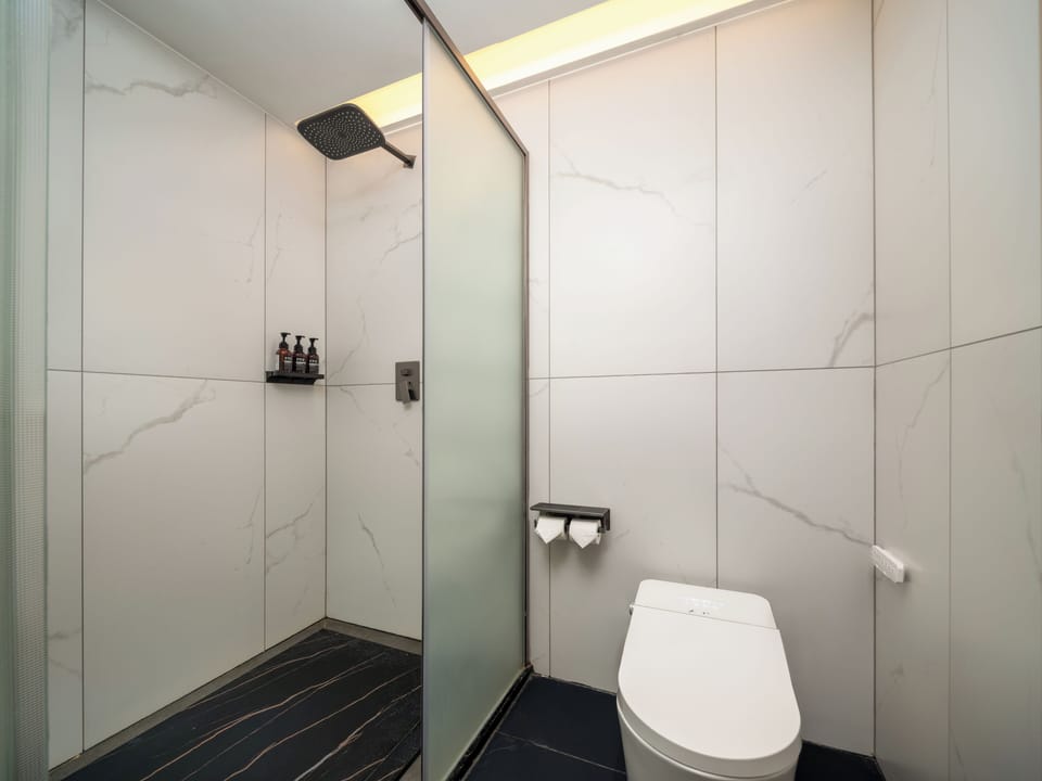 Shower, hair dryer, towels, shampoo