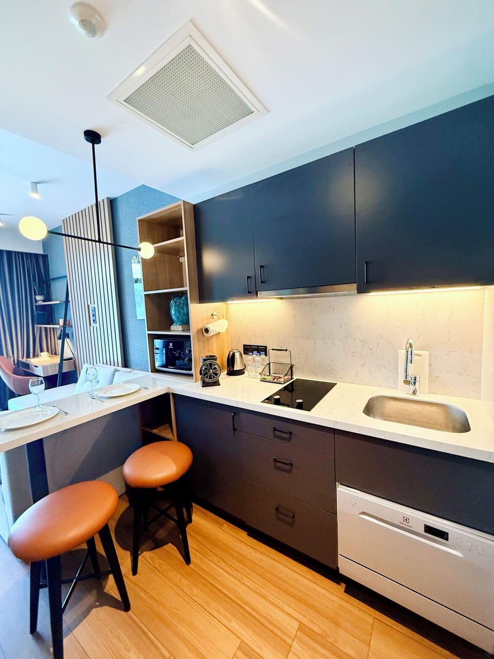 Mini-fridge, microwave, stovetop, dishwasher