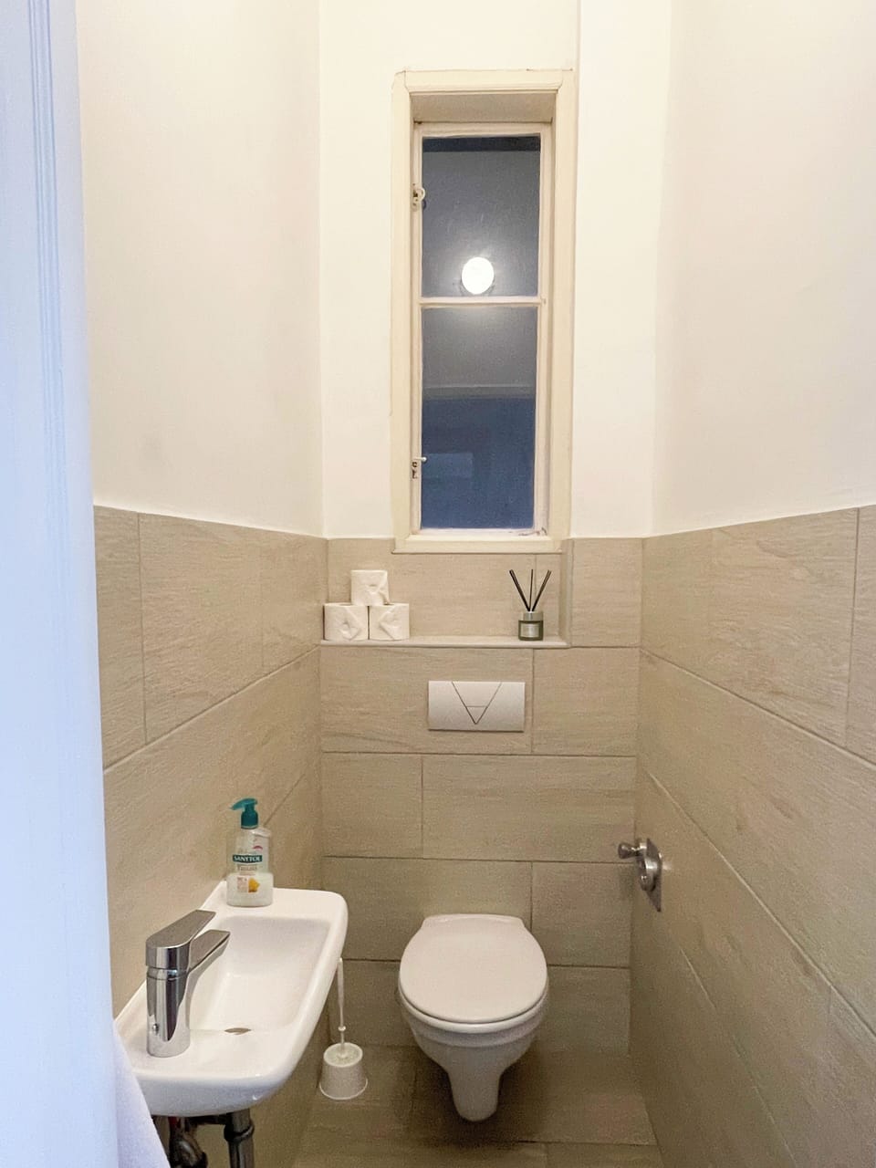 Separate tub and shower, hair dryer, towels, soap