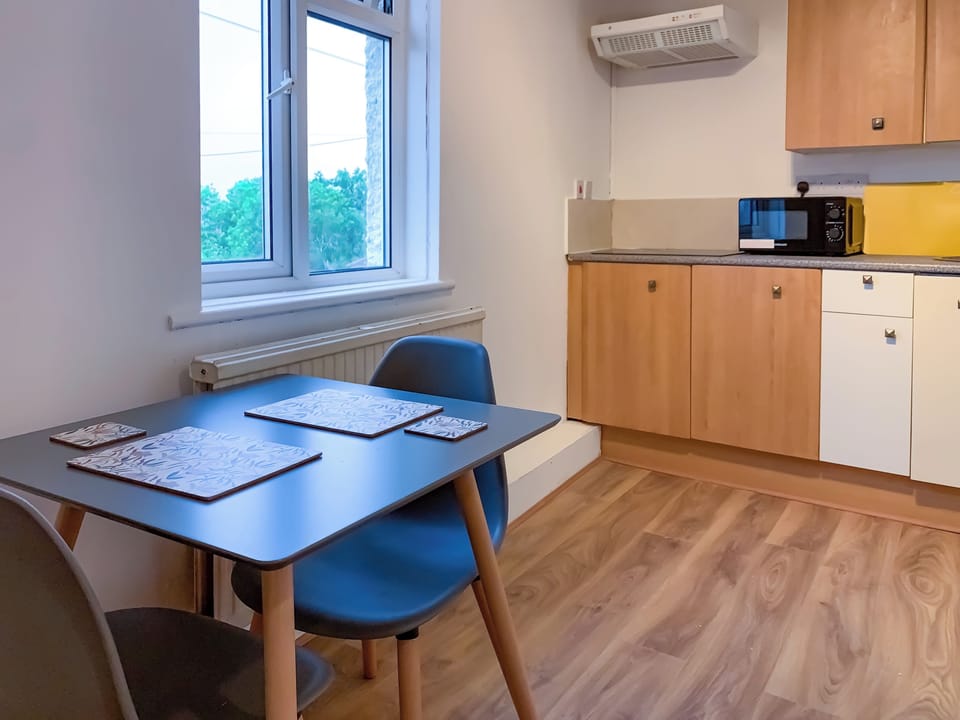 Fridge, microwave, stovetop, electric kettle