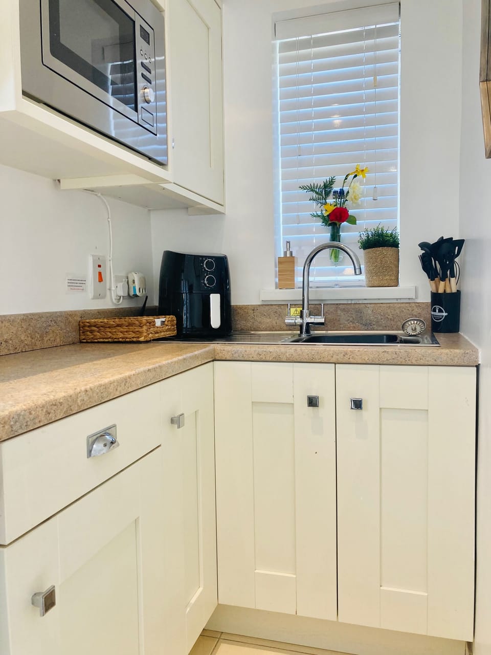 Fridge, microwave, stovetop, electric kettle