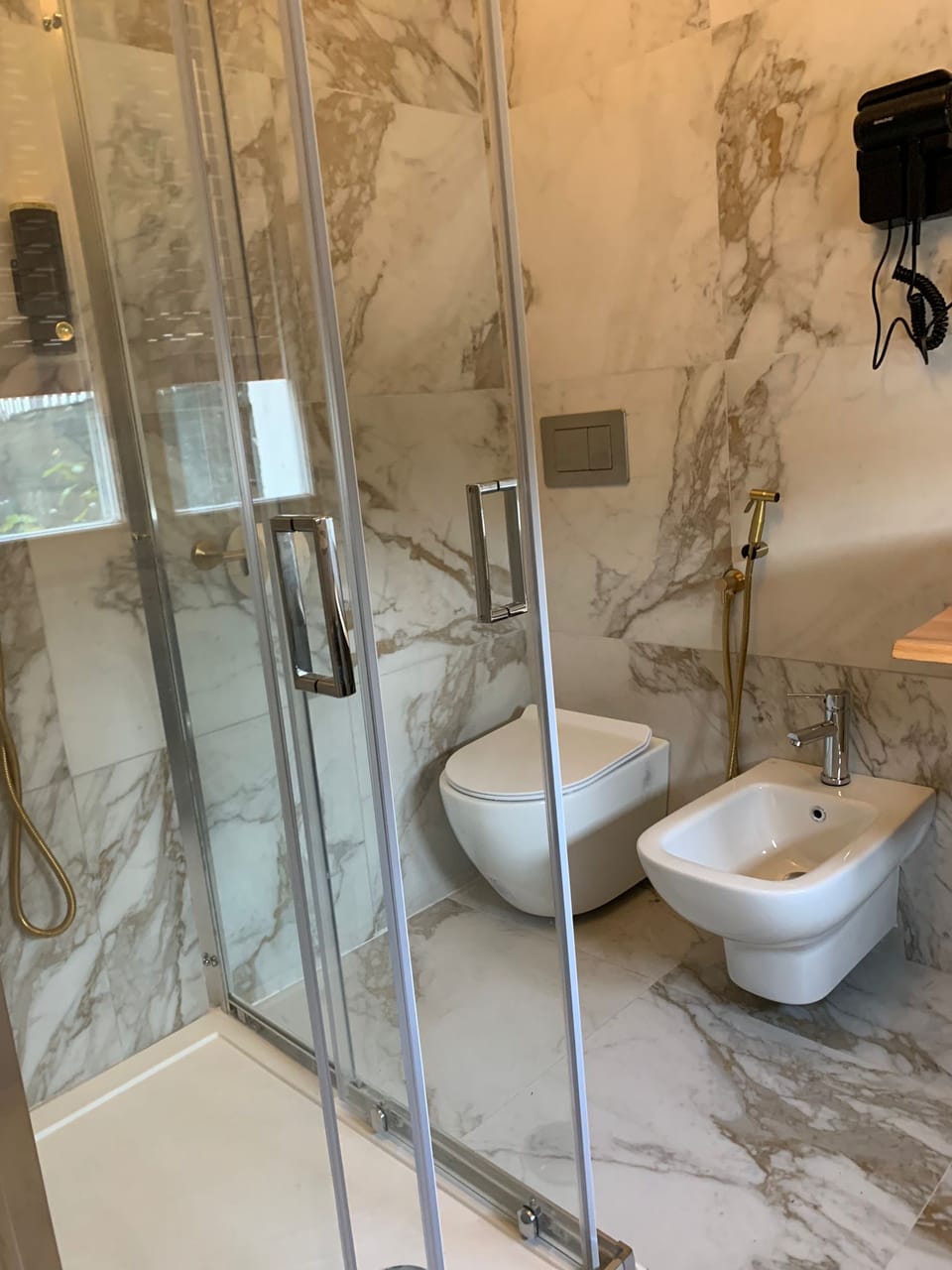 Shower, hair dryer, towels