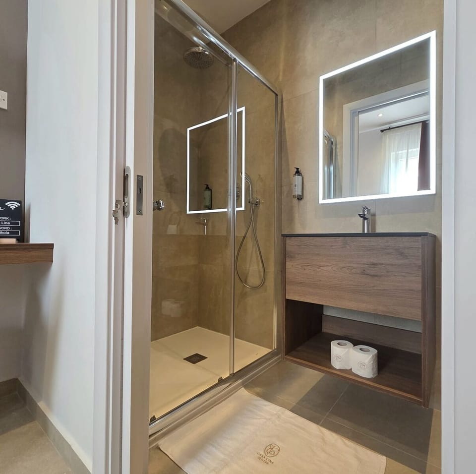  Deluxe Double Room, Courtyard View (Suite 201) | Bathroom | Shower, hair dryer, towels