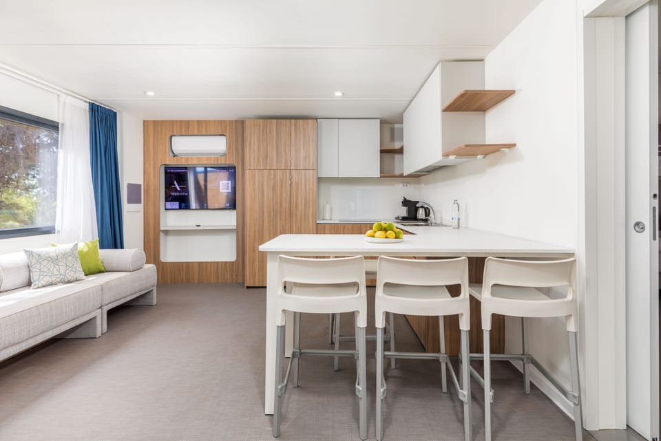 Fridge, microwave, stovetop, espresso maker