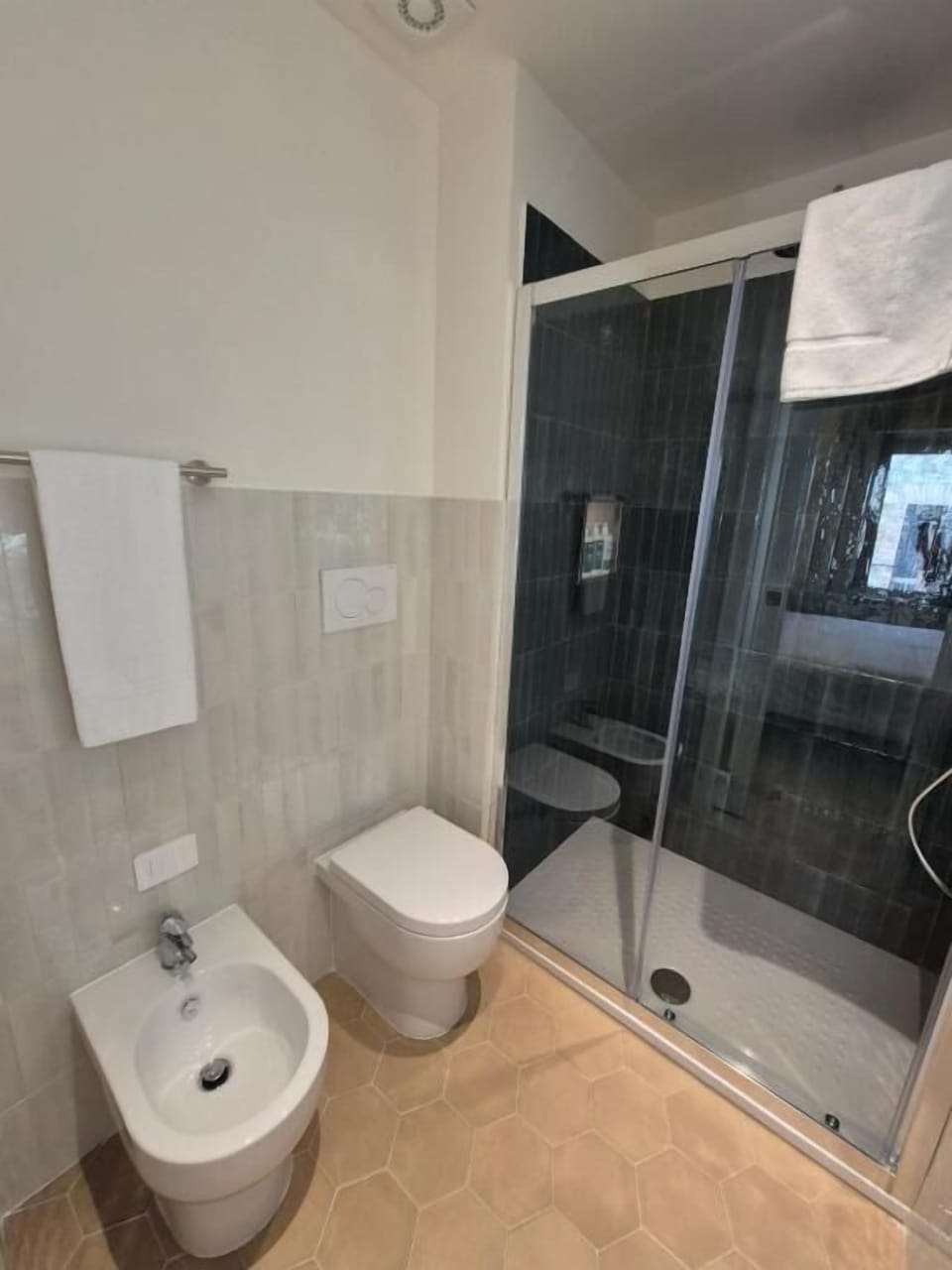 Shower, free toiletries, hair dryer, towels