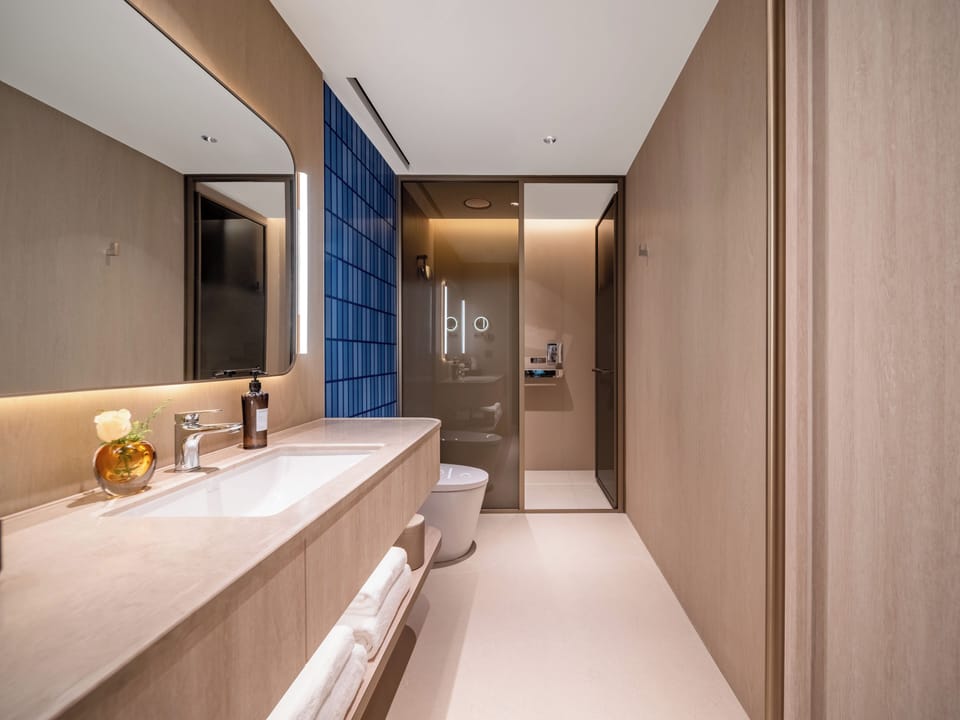 Shower, rainfall showerhead, hair dryer, bathrobes