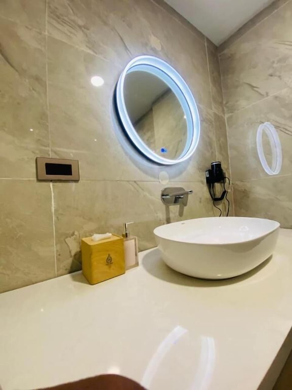 Shower, slippers, towels, soap