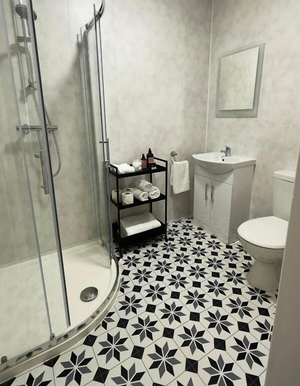 Hair dryer, towels, soap, shampoo