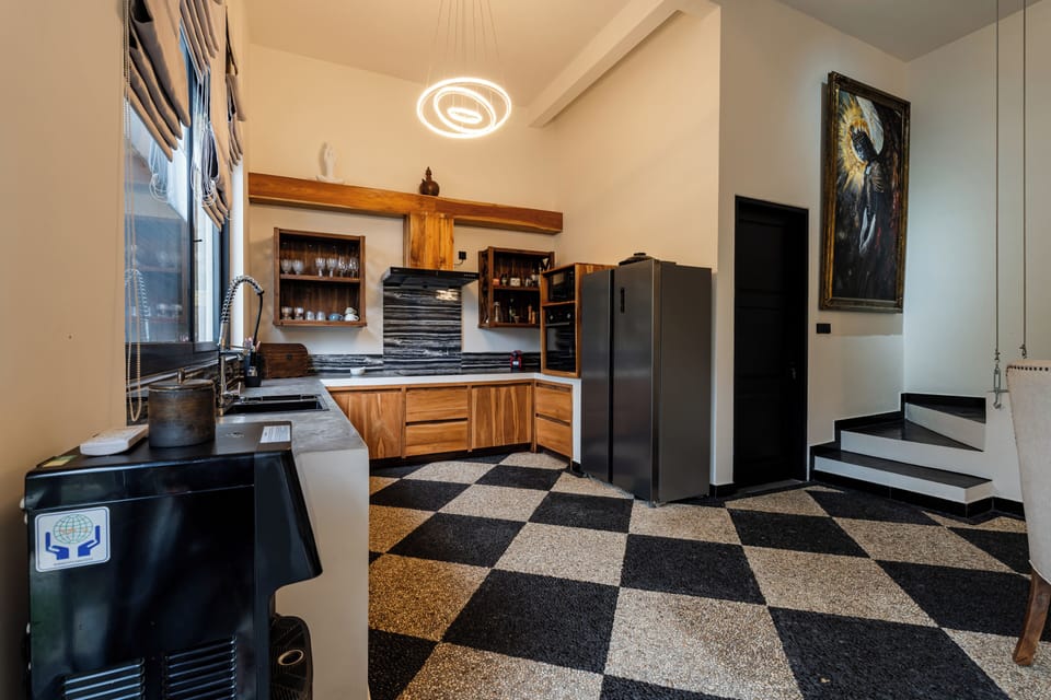 Fridge, microwave, oven, cookware/dishes/utensils