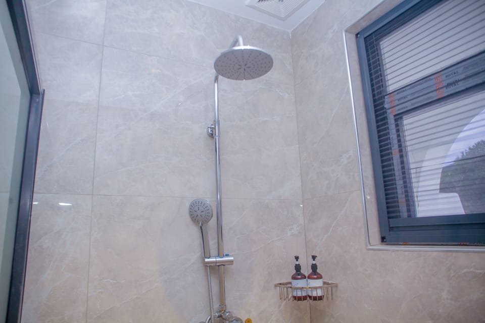 Combined shower/tub, towels, soap, shampoo